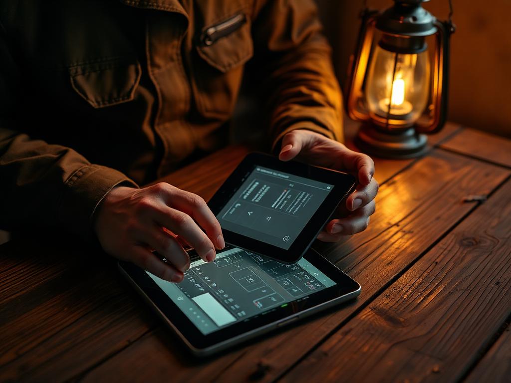 Coordinator at a wooden table approving a routing decision on a tablet under warm lantern light