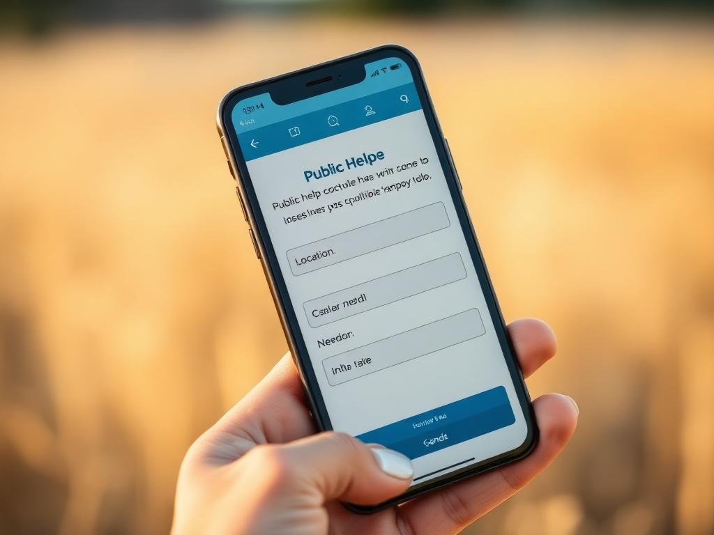 Smartphone in a hand showing the public AidGrid intake form, golden hour field in the background